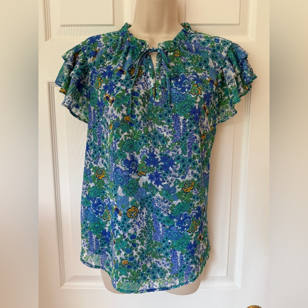 Joie Blue and Green Flutter Sleeve Blouse with Ruffled Tie Front M *NWOT*